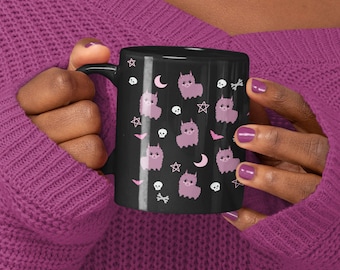 Gruselige goth Lama Muster Tasse - Pastel Goth Kawaii verrückte Alpaka Kaffeetasse Hexe Sterne Schädel Horror