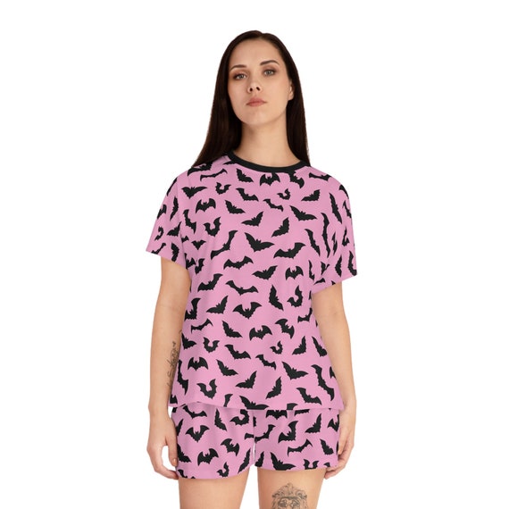 Pastel goth pyjamas Women s Short Pajama Set sleep wear pink bats halloween spooky cute punk girly soft horror
