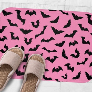 Pastel goth pink with flying bats decorative bath mat spooky cute girly millennial pink soft grunge