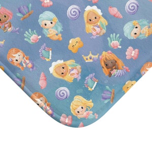 Cute Cartoon Mermaids Bath Mat | kawaii chibi mermaid watercolor blue pastel colors whimsical magical girls | home decoration bathroom show