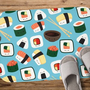 Kawaii sushi bath mat - blue Sashimi foodie gift nigiri maki salmon chopsticks soy teriyaki cute home decor