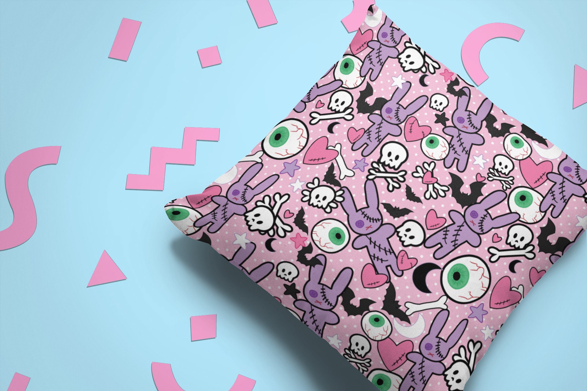 18x18 Multicolor GriffyPrints Rockabilly Pink Pastel Goth Bunny Eyeball Pattern Throw Pillow 18x18 Multicolor GriffyPrints Rockabilly Pink Pastel Goth Bunny Eyeball Pattern Throw Pillow