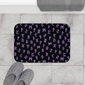 Purple Glowing Viking Runes bath mat | Magical glow symbols witch pattern | home decor for bathroom | Magic ancient norse nordic