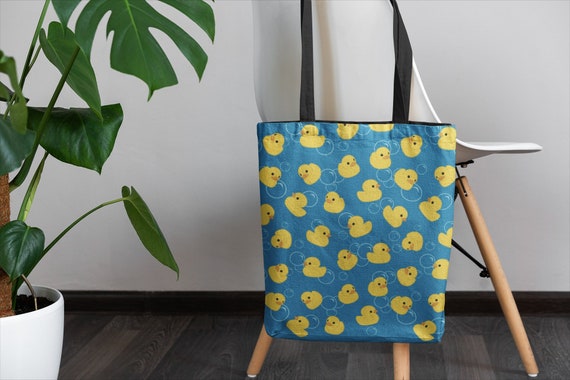 Yellow rubber duck tote bag | aesthetic fashion side messenger | cute toy duck shower pattern soap bubbles kawaii