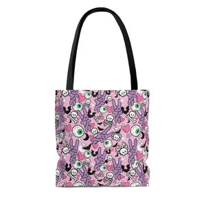 Pastel goth Tote Bag / halloween lindo dibujo animado oscuro espeluznante conejito globo ocular rockabilly / bolso lateral / estilo punk punk murciélagos calaveras imagen 7