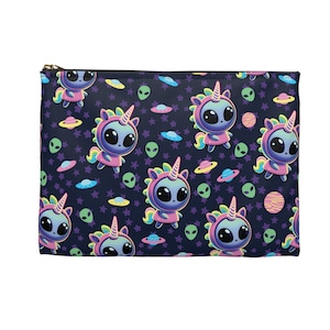 Kawaii Unicorn Alien Makeup Bag | Accessory Pouch | Spooky cute punk whimsy weird ufo space galaxy stars cosmic