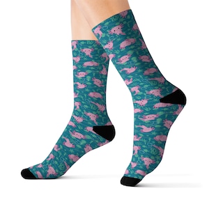 Calcetines Kawaii Axolotl / lindos peces rosados dibujos animados océano corales marinos vida marina submarina / Calcetines de sublimación hombres mujeres