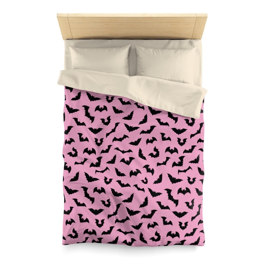 Pink Bats Microfiber Duvet Cover - pastel goth, punk gothic scary spooky cute halloween black and pink - bedding bed sheets bedroom
