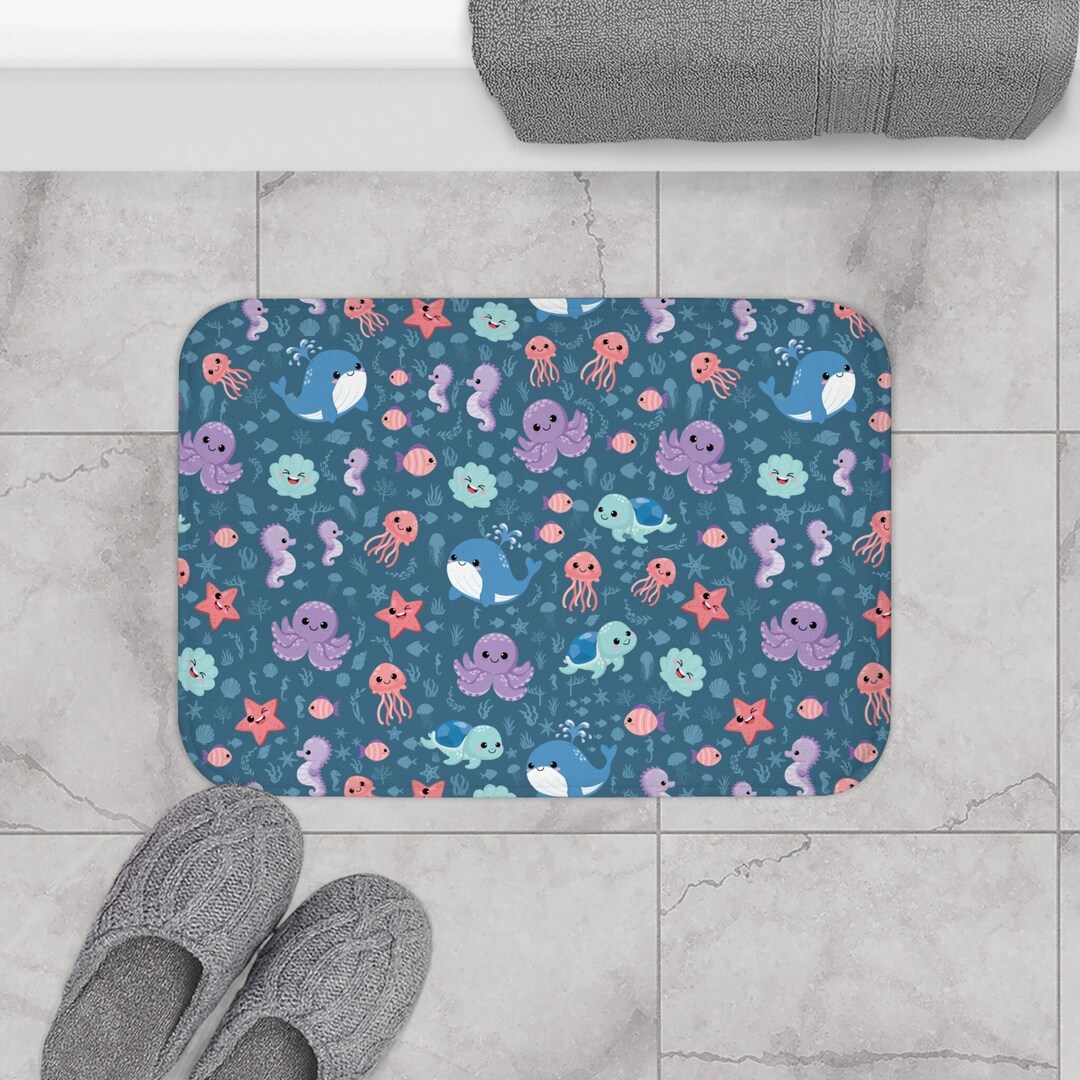 Kawaii Sea Animals Bath Mat Bathroom Home Decor Cute Etsy