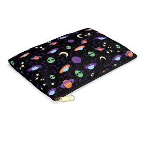 May include: Black zippered pouch with a repeating pattern of colorful planets, UFOs, aliens, stars, and crescent moons. The pouch has a gold-colored zipper and is likely made of a durable fabric.
