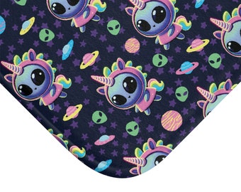 Kawaii Unicorn Alien Bath Mat | Spooky cute punk whimsy weird ufo space galaxy stars cosmic | home decoration bathroom shower