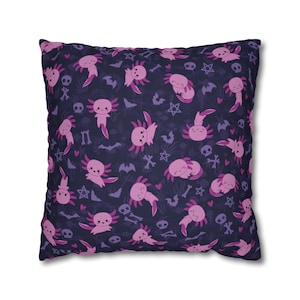 Pastel Goth Axolotl Pillow Cover | spooky cute kawaii punk creepy purple dark fish sea ocean skulls | decorative throw pillow