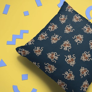 Flying spaghetti monster pillow case on navy | atheist gift agnostic | cartoon funny fsm home decor black no religion | dark blue ditsy