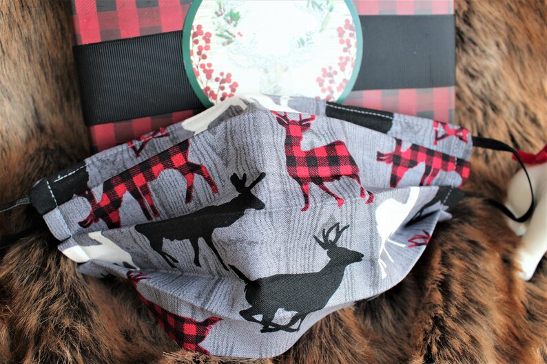 Woodlands Cloth Face Mask 4 layers with Nose Wire 100% Cotton, Forest, Hunting, lodge, Stag, Plaid, Reindeer, sweater, gift, gifts,woods image 6