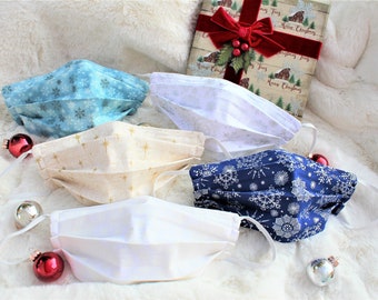 Snowflake Cloth Face Mask, 4 layers with Nose Wire 100% Cotton,Christmas,holiday,seasonal,White Christmas,metallic, oiled, winter,gift,gifts