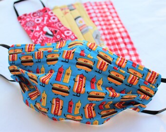 Cloth Face Mask- 4 Ply with Nose Wire- 100% Cotton SUMMER PRINTS, picnic, red gingham, bandana, paisley, hamburger, hot dogs, gift for Dad