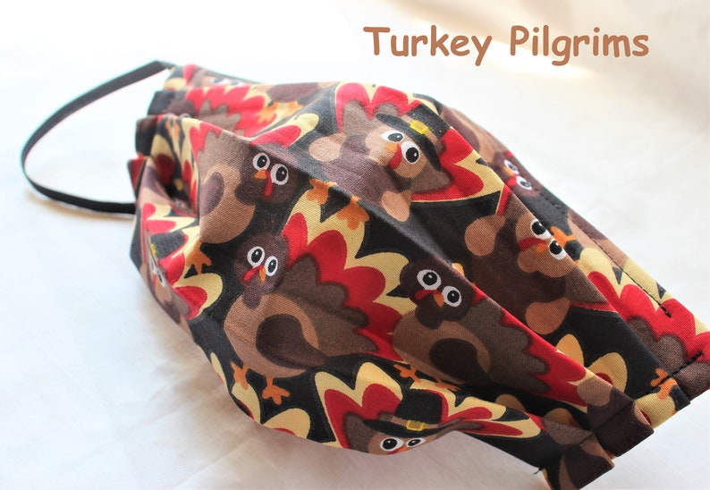 Fall and Woodland Cloth Face Mask 4 layers with Nose Wire 100% Cotton fall, holiday, pine cones, harvest, gift, gifts Turkey Pilgrims