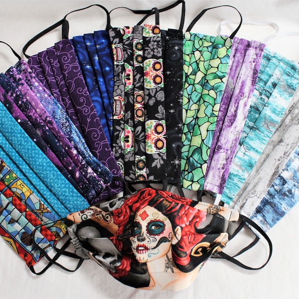 Cloth Face Mask- 4 Ply with Nose Wire 100% Cotton Day of the Dead,galaxy,sugar skulls,dia de los muertos,night sky,stain glass, gift