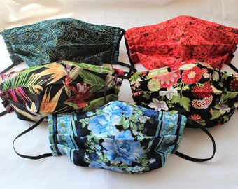 Cloth Face Mask- 4 Ply with Nose Wire- 100% Cotton Floral, flower face mask, birds of paradise, gift, gifts, blue, gift