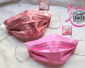 Breast Cancer Awareness Cotton Face Mask- 4 Ply with Nose Wire October Breast Cancer Awareness Month, Swarovski Crystal, Pink Ribbon, gifts