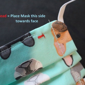 May include: A close-up of a light blue face mask with a repeating pattern of cartoon animal faces. The mask has white elastic ear loops and a red thread marking the side to be placed towards the face. Text on the mask reads: "Place Mask this side towards face."