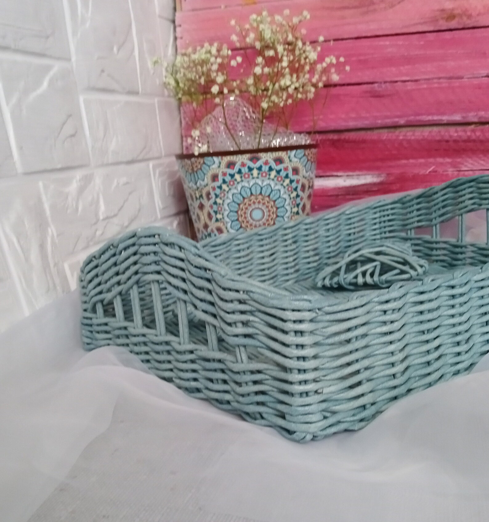 Basket Rectangular Tray Blue Wicker Tray Wicker Coffee Tray Etsy