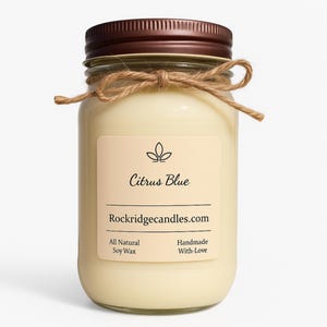 Citrus Blue Soy Wax Candle - 16oz Mason Jar with Rustic Lid -Fresh Citrus scent