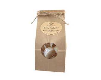 Bougies chauffe-plat parfumées florales | Cachemire doux | Cire de soja | Longue combustion | Fait main | Ambiance luxueuse | 12 bougies chauffe-plat dans un sac kraft |