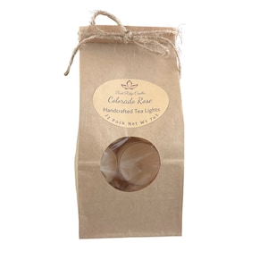 Tea Lights Colorado Rose |  Made with long-burning soy wax | Scent of Roses |  12 in a Kraft Bag |