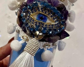 Evil Eye Protection Candle • Blue Ritual Candle with Amethyst & Crystals for Energy Protection, Clarity, and Alignment