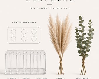 ZENFULCO DIY Floral Object Kit | Acrylic Vase Arrangement Set | Mindful Floral Decor | Creative Ritual Activity | Pampas & Eucalyptus