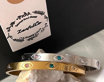 Evil Eye Protection Bracelet • Unisex Boho 18K Gold Plated Charm Bangle • Vintage Stone Spiritual Jewelry Gift