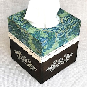 Houten vierkante tissuedoos, gepersonaliseerde tissuedispenser in vintagestijl, tissuebox met schuifdeksel, William Morris-zeewierpatroon