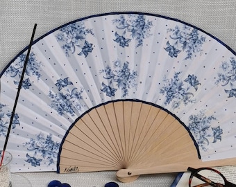 Handheld fan wooden folding,gift personalized,fan with blue flowers,fan for wedding and events,spanish handfan,original and practical gift