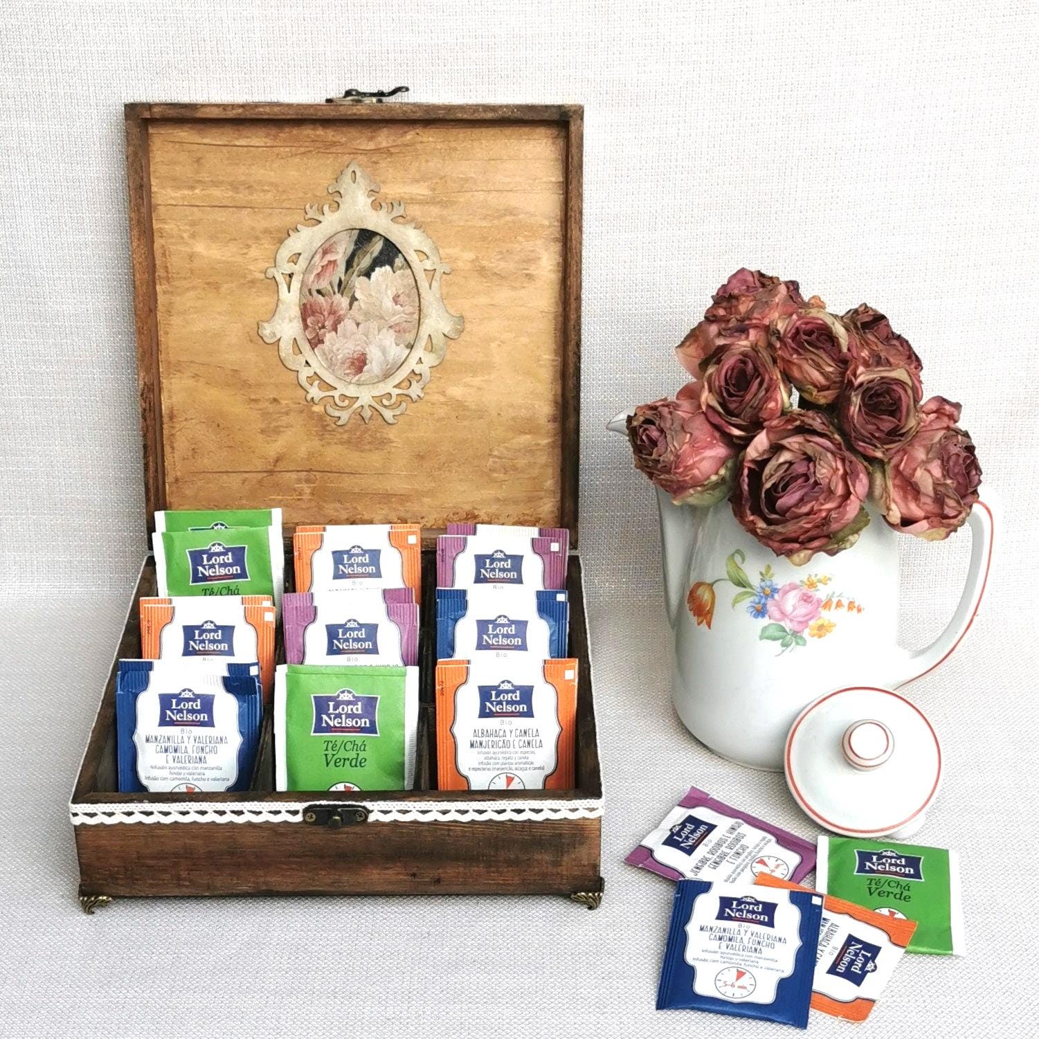 Boîte à Thé En Bois 9 Compartiments - Style Bohème Avec Motifs Floraux