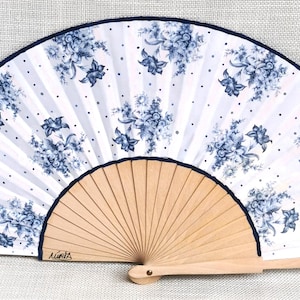 Handfächer Holz faltbar, Fächer mit blauen Blumen, Fächer für Hochzeit oder Events, Fächer Fächer, spanischer Taschenfächer, originelles und praktisches Geschenk