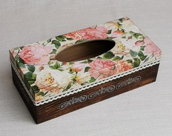 Wooden rectangular tissue box, personalizable tissue dispenser, handkerchiefs box, tissue box with lid, gift for her, gift for home, vintage