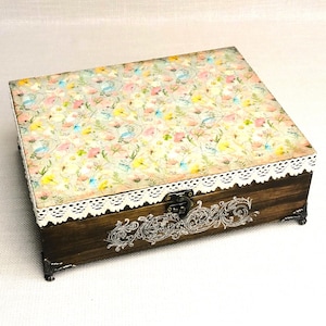 Wooden tea box with compartments , personalized floral vintage style tea box, decorated large tea bag organizer box, best gift for mom