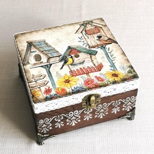Custom decorated wooden tea box with removable compartments, gift for tea lovers, vintage style tea box, tea bag storage, gift for her