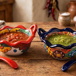 May include: Two ceramic bowls with scalloped rims and side handles, one red and one dark blue, each featuring colorful floral patterns. The red bowl contains red salsa, and the blue bowl contains green salsa. Each bowl includes a matching spoon.