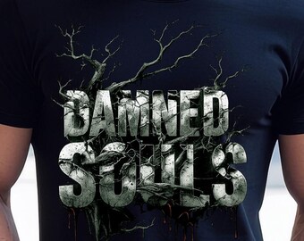 Damned Souls Schädel PNG, dunkles Gothic Tattoo Style Biker T-Shirt Design, digitaler Download