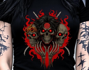 Gothic Skull Trio PNG, Rote Flamme Okkulter Horror Tattoo Style, dunkle Skelett Hände T-Shirt Grafik Digital Download