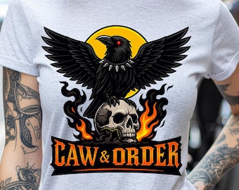 Caw & Order Rabenschädel PNG | Gothic Krähe Flammen T-Shirt Motiv | Digitaler Download