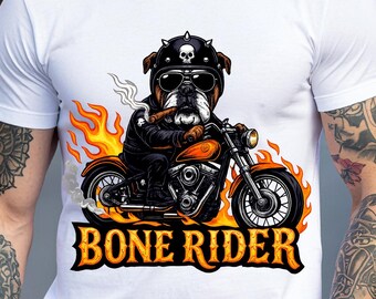 Bulldogge Biker mit Flammen PNG | Bone Rider Motorrad Grafikdesign | Druckbare Digitale Datei