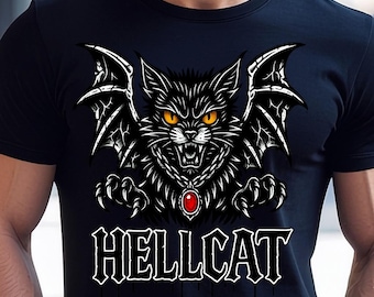 Hellcat Demonic Kätzchen mit Fledermausflügeln PNG | Gothic Tattoo Style T-Shirt Design | Digitaler Download