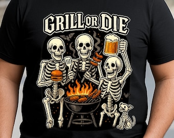 Grill oder sterben Skeleton BBQ PNG, gotisches Bier und Wurst Lustiges T-Shirt Design, Schädel, der digitalen Download für Sublimation und DTG kocht