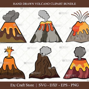 May include: A collection of six hand-drawn volcano clip art illustrations. Each volcano features a triangular base with varying colors of brown, gray, and orange, with lava and smoke effects. The text "HAND DRAWN VOLCANO CLIPART BUNDLE" is at the top.
