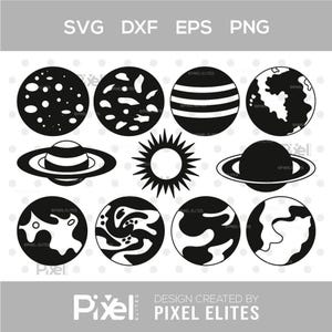 Może przedstawiać: Czarno-biała grafika wektorowa planet, słońca i Saturna. Obraz zawiera tekst "SVG DXF EPS PNG" i "DESIGN CREATED BY PIXEL ELITES". Planety mają różne wzory powierzchni.