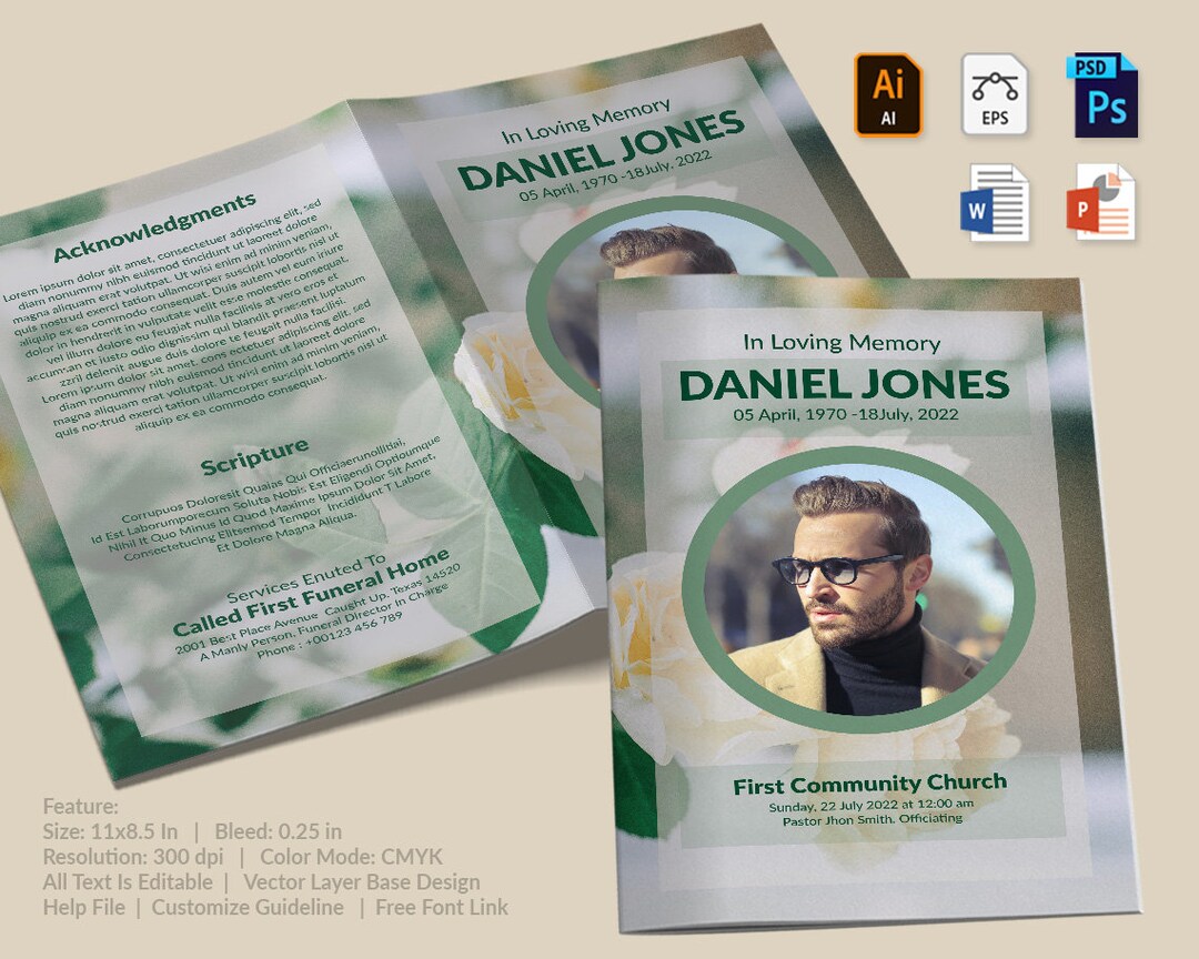 Editable Funeral Program Template, Memorial Program Template, Photoshop ...