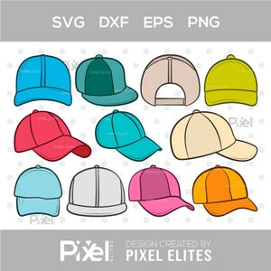 May include: A digital collection of eleven baseball caps in various solid colours including blue, teal, red, beige, lime green, light blue, white, pink, and orange, displayed as vector illustrations with the text SVG, DXF, EPS, PNG at the top.